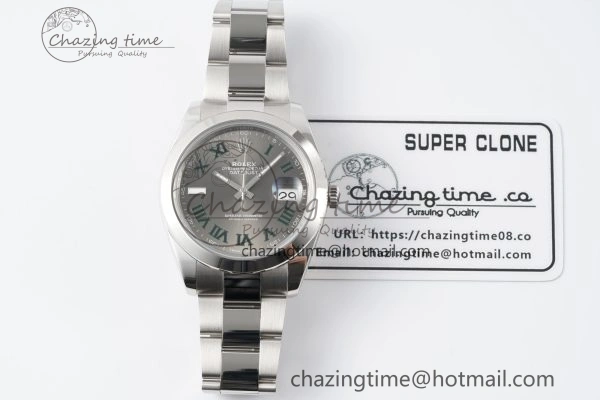 DateJust 41 SS Polished Bezel KING 1:1 Best Edition 904L Steel Gray Dial Green Roman on Oyster Bracelet VR3235