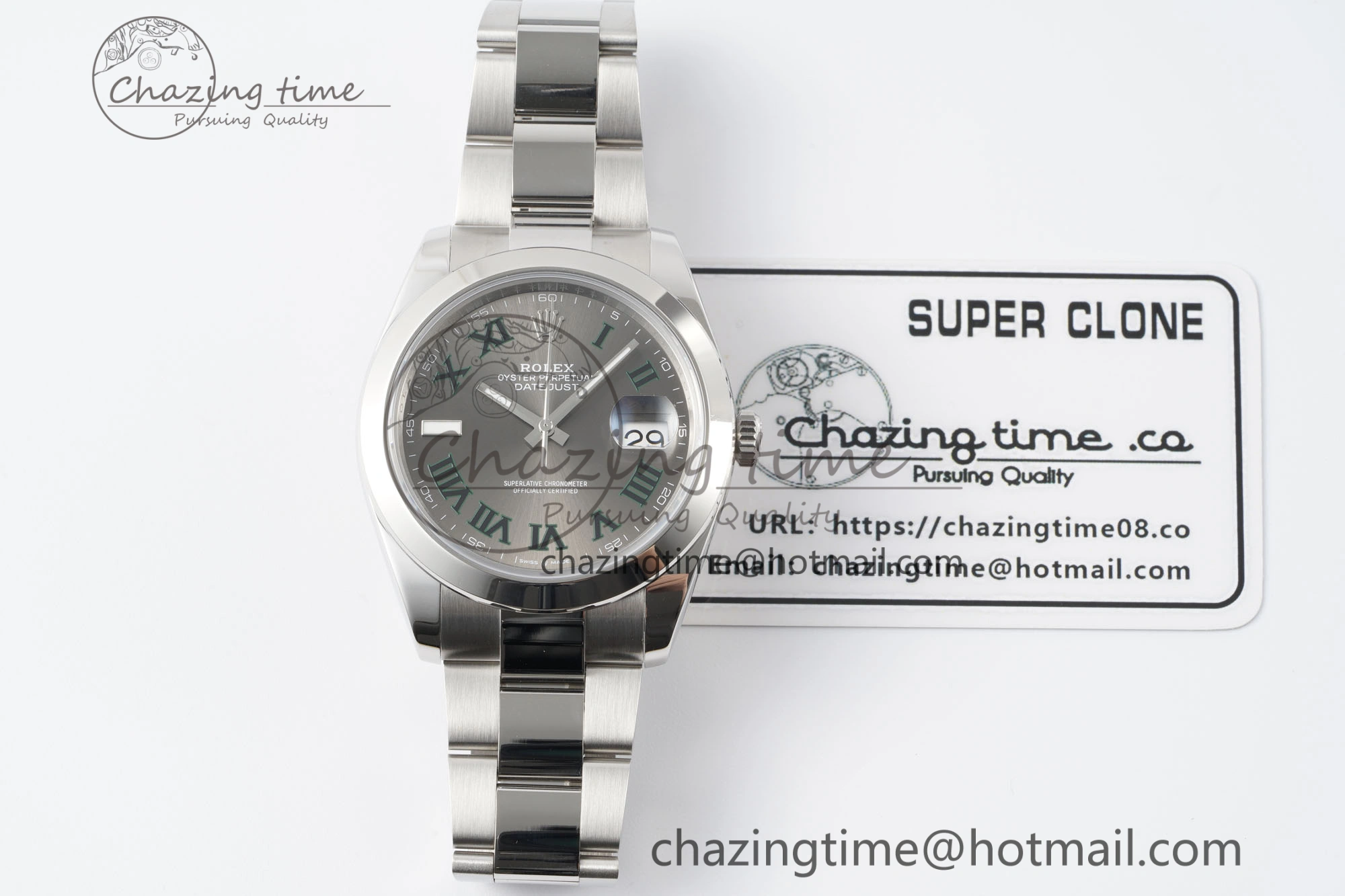 DateJust 41 SS Polished Bezel KING 1:1 Best Edition 904L Steel Gray Dial Green Roman on Oyster Bracelet VR3235