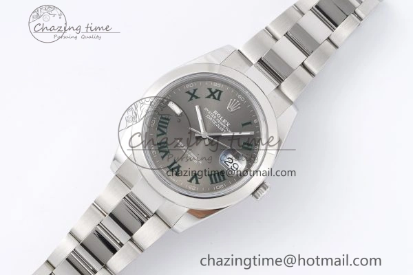DateJust 41 SS Polished Bezel KING 1:1 Best Edition 904L Steel Gray Dial Green Roman on Oyster Bracelet VR3235