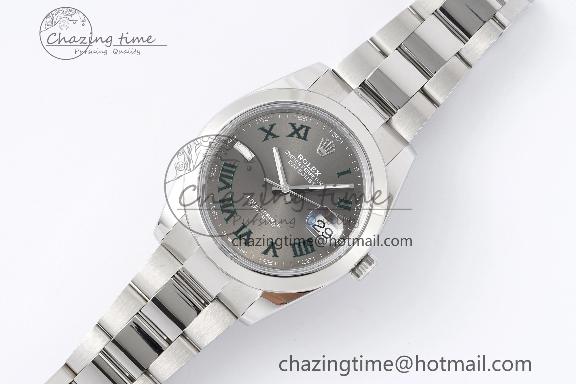 DateJust 41 SS Polished Bezel KING 1:1 Best Edition 904L Steel Gray Dial Green Roman on Oyster Bracelet VR3235