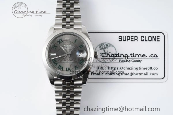 DateJust 41 SS Polished Bezel KING 1:1 Best Edition 904L Steel Gray Green Roman Dial on Jubilee Bracelet VR3235