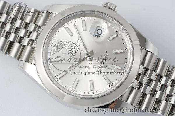 DateJust 41 SS Polished Bezel KING 1:1 Best Edition 904L Steel Silver Stick Dial on Jubilee Bracelet VR3235