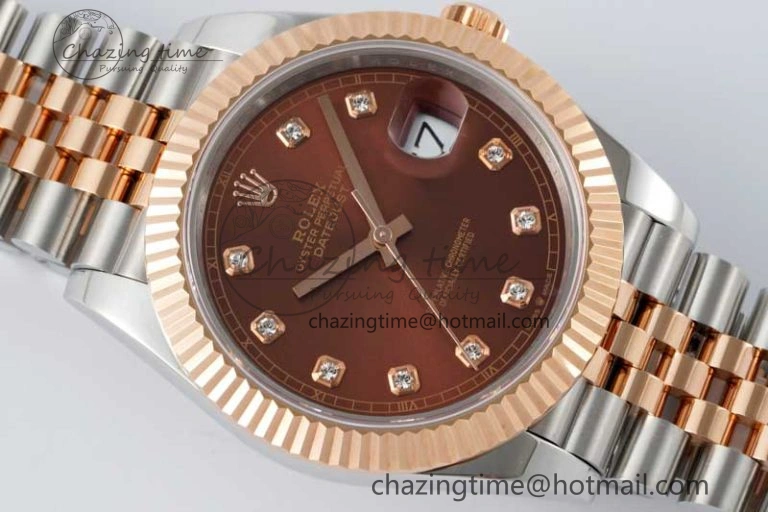 DateJust 41 SS RG JDF 1:1 Best Edition 904L Steel Brown Diamonds Dial on SS RG Jubilee Bracelet VR3235 V2