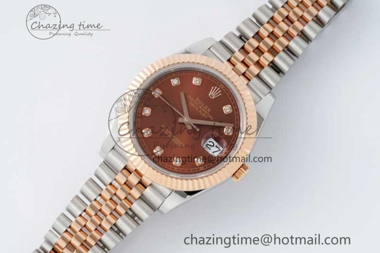DateJust 41 SS RG JDF 1:1 Best Edition 904L Steel Brown Diamonds Dial on SS RG Jubilee Bracelet VR3235 V2