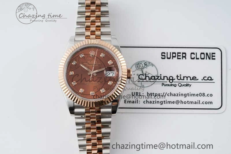 DateJust 41 SS RG JDF 1:1 Best Edition 904L Steel Brown Diamonds Dial on SS RG Jubilee Bracelet VR3235 V2