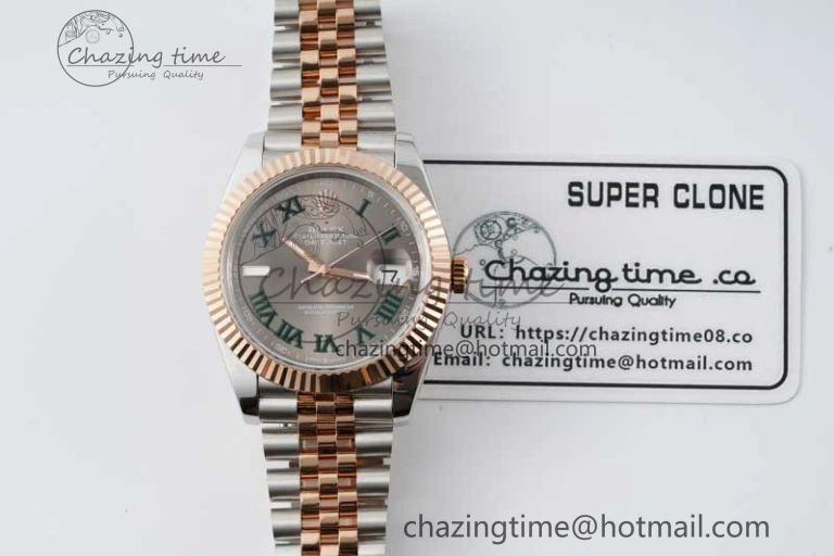DateJust 41 SS RG JDF 1:1 Best Edition 904L Steel Gray Dial Green Roman on SS RG Jubilee Bracelet VR3235 V2