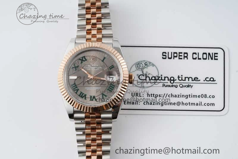 DateJust 41 SS RG JDF 1:1 Best Edition 904L Steel Gray Dial Green Roman on SS RG Jubilee Bracelet VR3235 V2