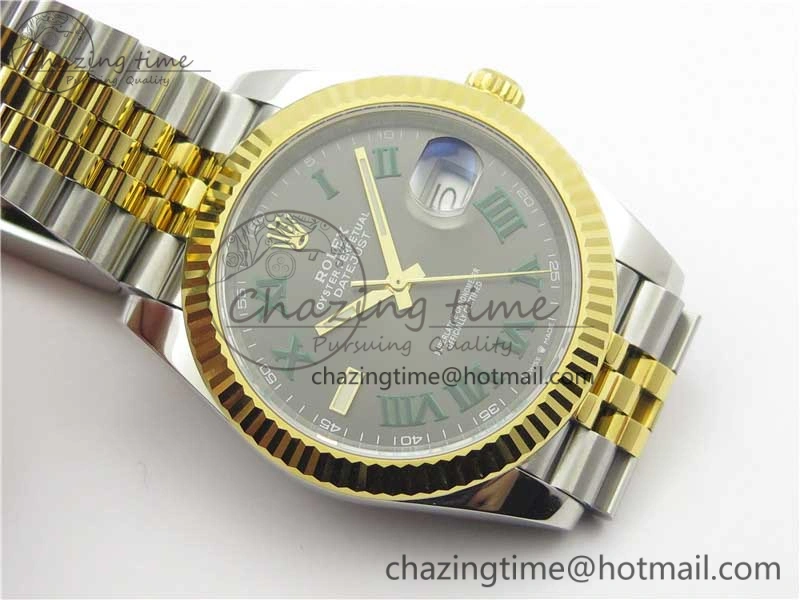 DateJust 41 SS YG 126333 Fluted Bezel DJF Best Edition 904L Steel Gray Dial Green Roman Markers on Jubilee Bracelet A2836