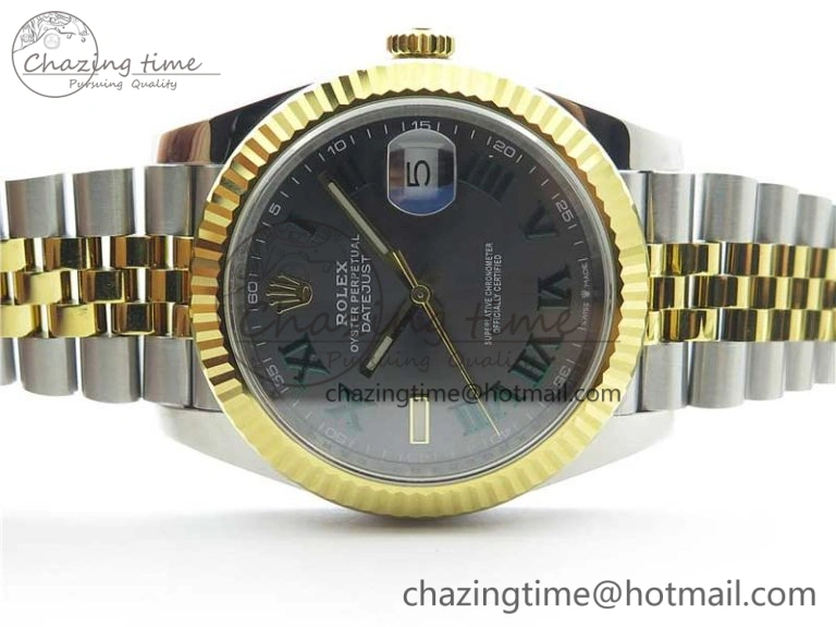 DateJust 41 SS YG 126333 Fluted Bezel DJF Best Edition 904L Steel Gray Dial Green Roman Markers on Jubilee Bracelet A2836