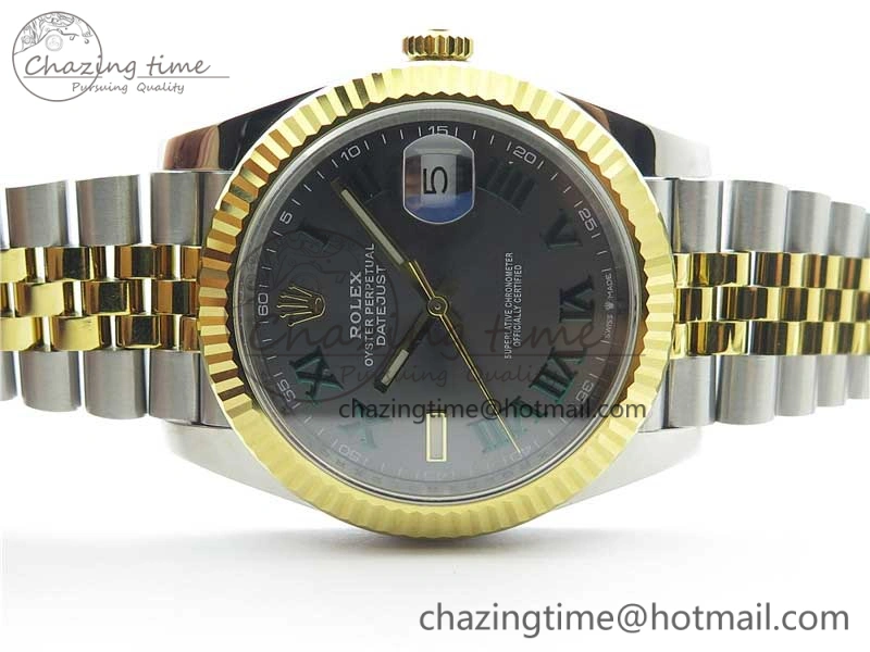 DateJust 41 SS YG 126333 Fluted Bezel DJF Best Edition 904L Steel Gray Dial Green Roman Markers on Jubilee Bracelet A2836