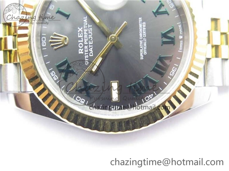 DateJust 41 SS YG 126333 Fluted Bezel DJF Best Edition 904L Steel Gray Dial Green Roman Markers on Jubilee Bracelet A2836