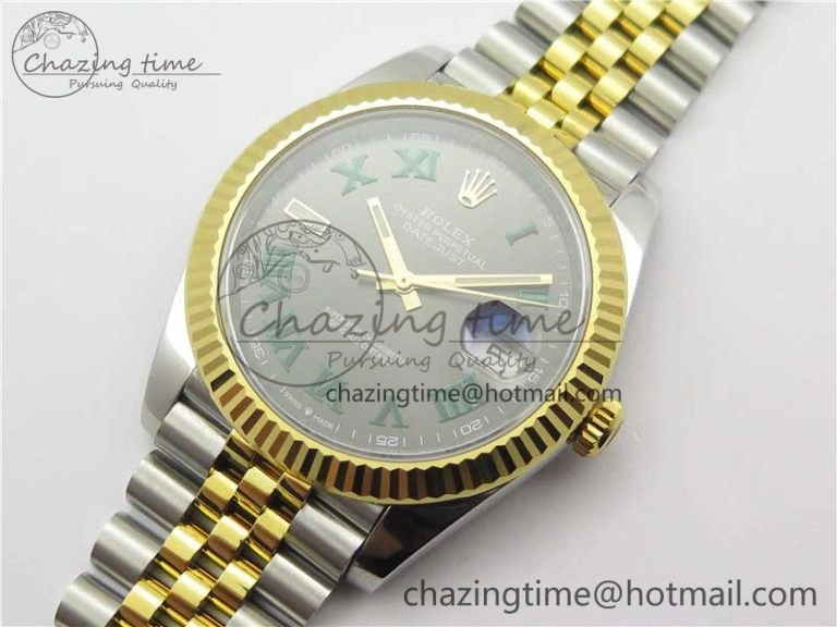 DateJust 41 SS YG 126333 Fluted Bezel DJF Best Edition 904L Steel Gray Dial Green Roman Markers on Jubilee Bracelet A2836