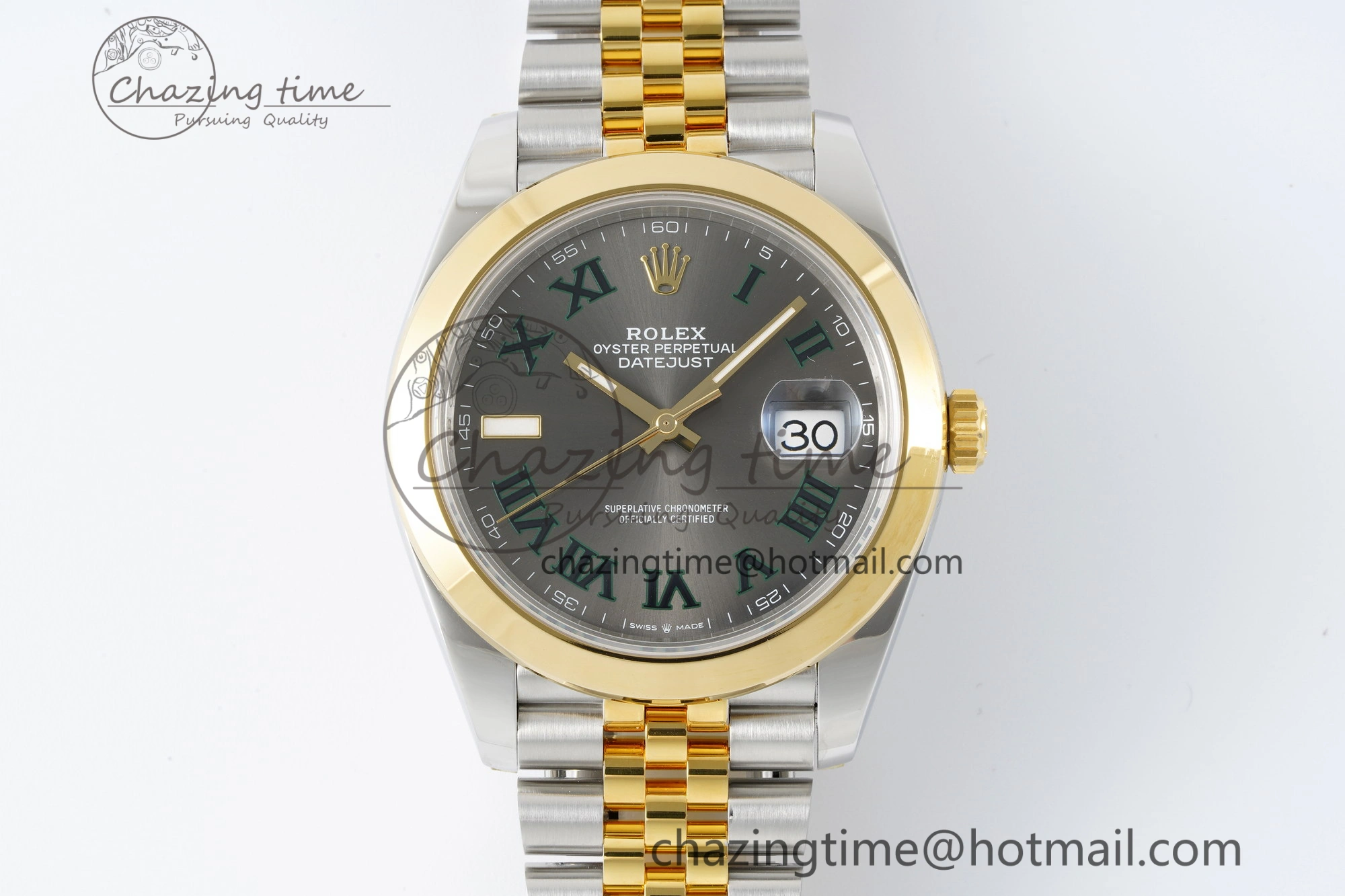 DateJust 41 SS YG Polished Bezel KING 1:1 Best Edition 904L Steel Gray Dial Green Roman on Jubilee Bracelet VR3235