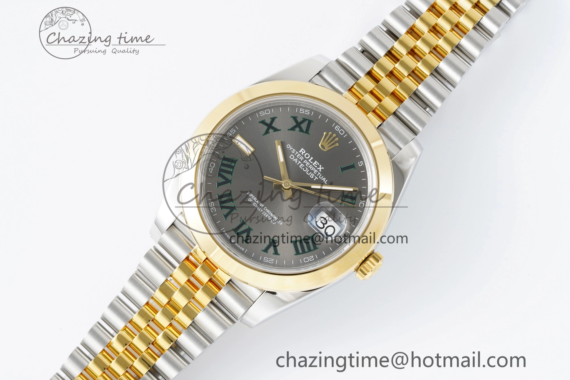 DateJust 41 SS YG Polished Bezel KING 1:1 Best Edition 904L Steel Gray Dial Green Roman on Jubilee Bracelet VR3235