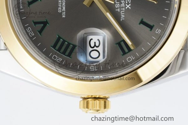 DateJust 41 SS YG Polished Bezel KING 1:1 Best Edition 904L Steel Gray Dial Green Roman on Jubilee Bracelet VR3235