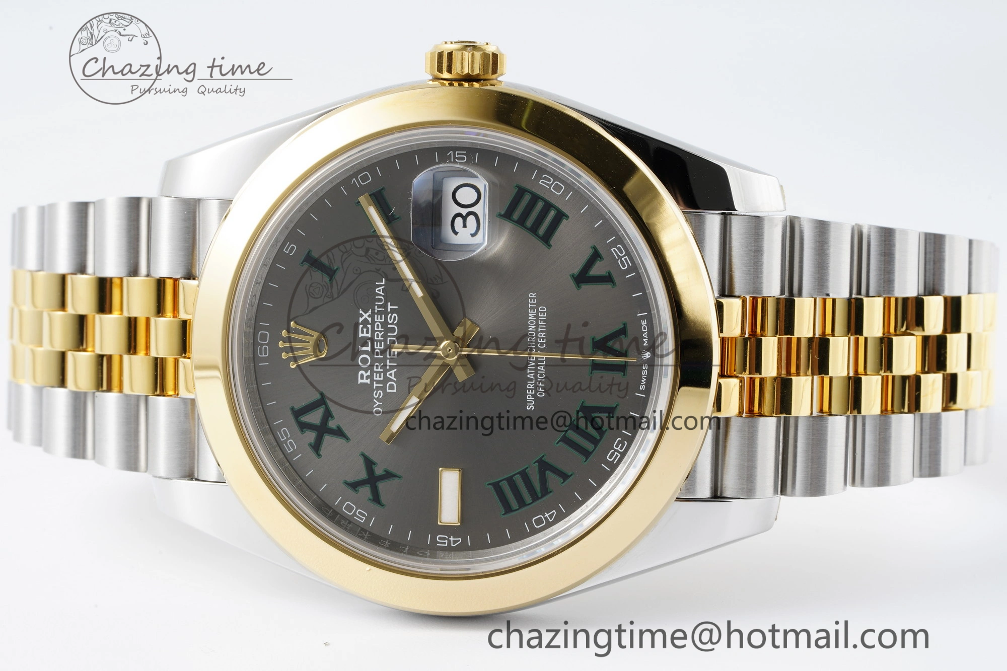 DateJust 41 SS YG Polished Bezel KING 1:1 Best Edition 904L Steel Gray Dial Green Roman on Jubilee Bracelet VR3235