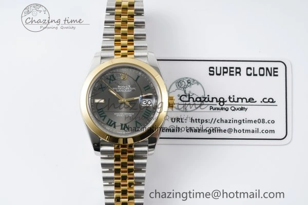 DateJust 41 SS YG Polished Bezel KING 1:1 Best Edition 904L Steel Gray Dial Green Roman on Jubilee Bracelet VR3235