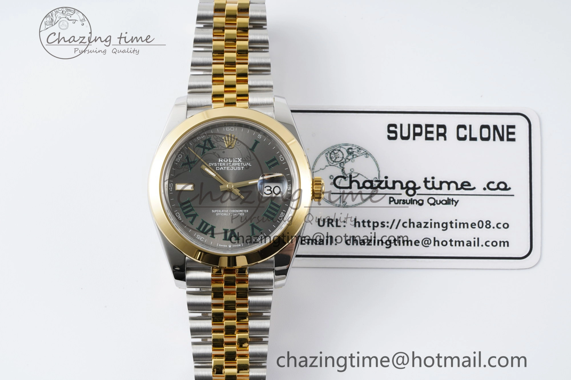 DateJust 41 SS YG Polished Bezel KING 1:1 Best Edition 904L Steel Gray Dial Green Roman on Jubilee Bracelet VR3235