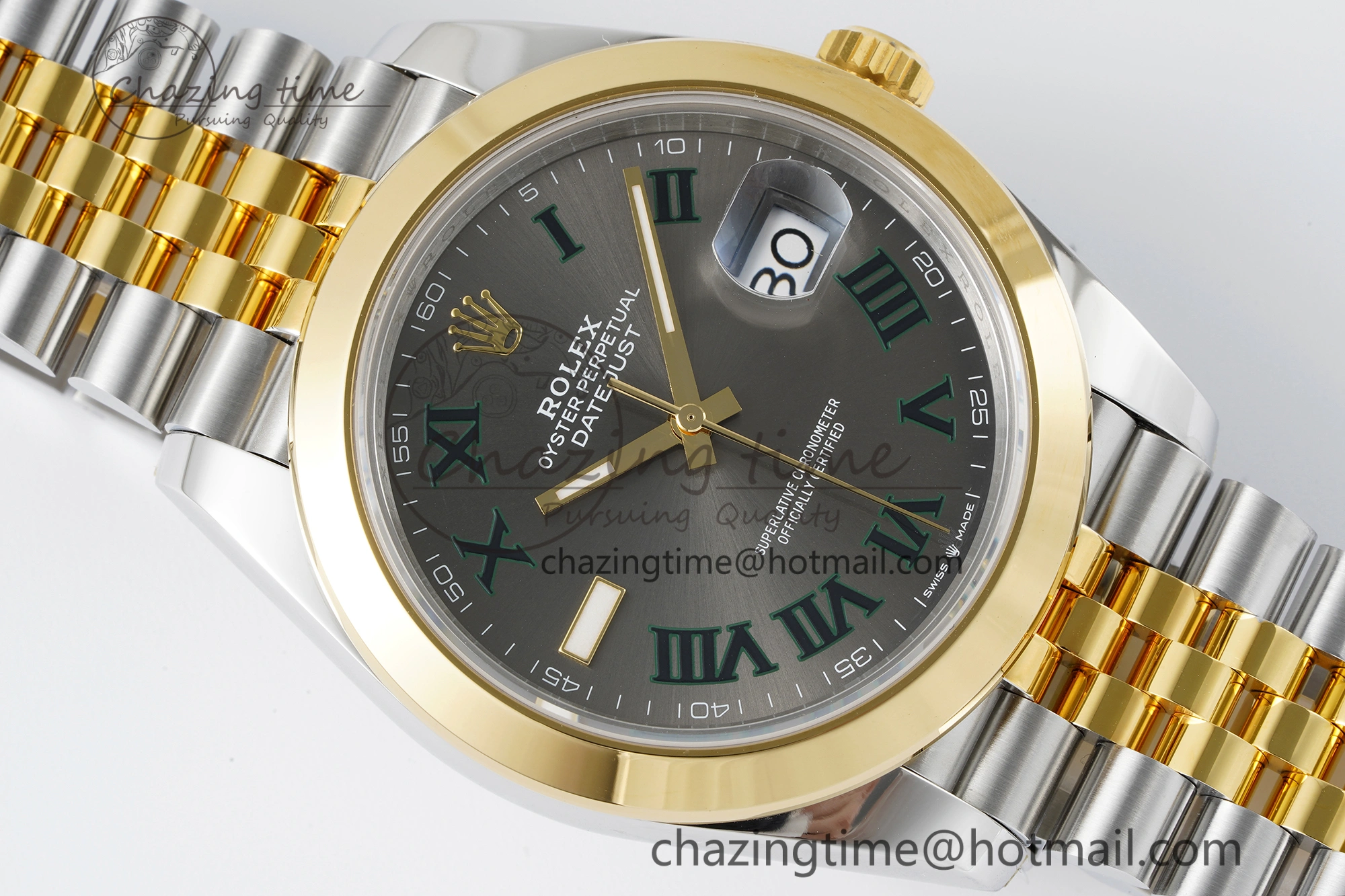 DateJust 41 SS YG Polished Bezel KING 1:1 Best Edition 904L Steel Gray Dial Green Roman on Jubilee Bracelet VR3235