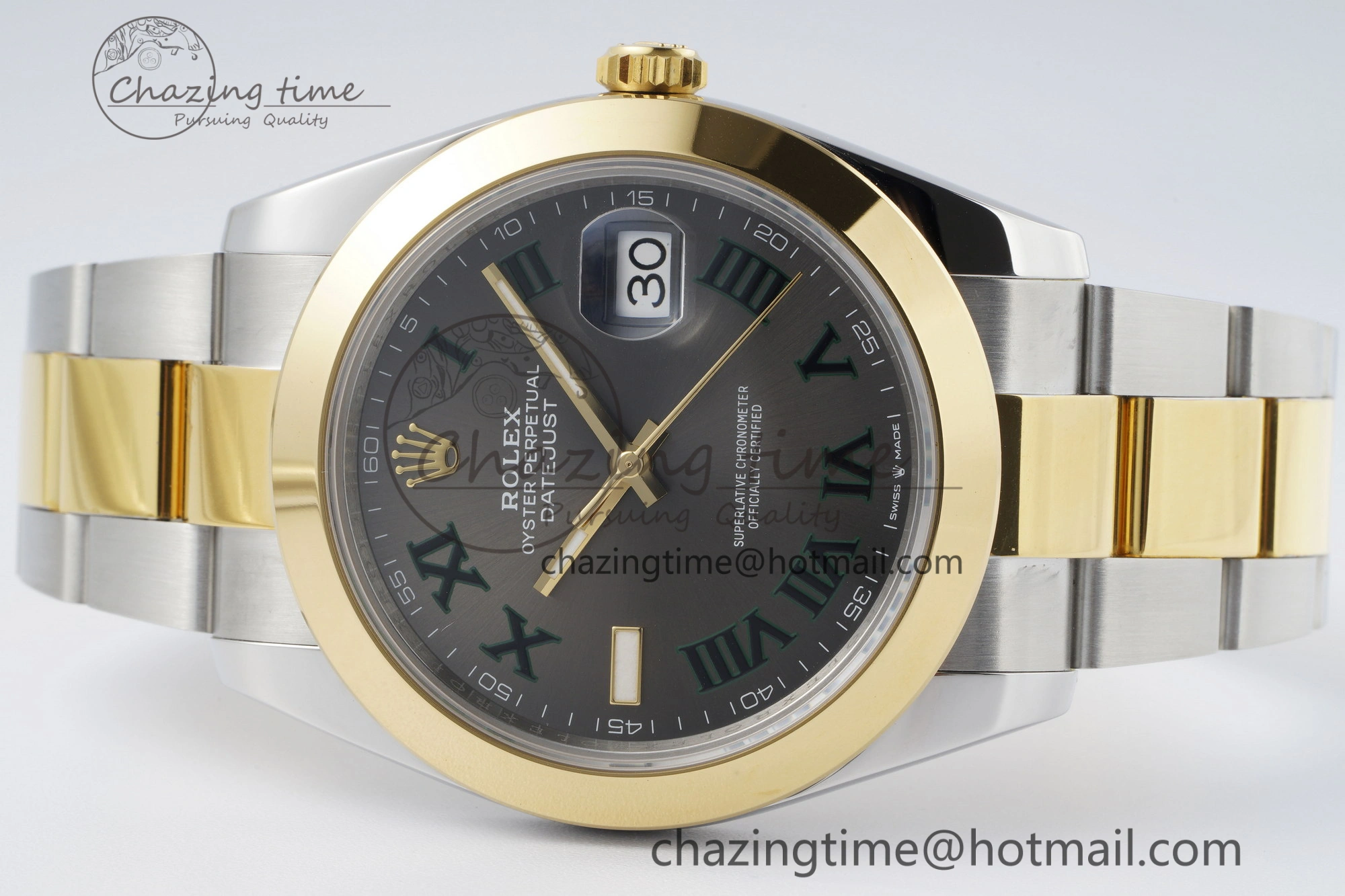 DateJust 41 SS YG Polished Bezel KING 1:1 Best Edition 904L Steel Gray Dial Green Roman on Oyster Bracelet VR3235