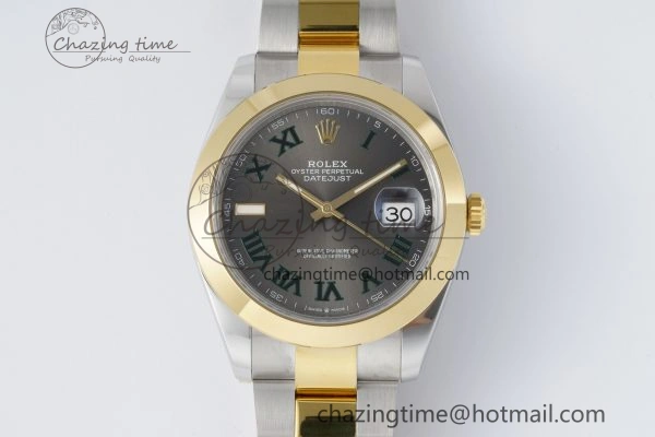 DateJust 41 SS YG Polished Bezel KING 1:1 Best Edition 904L Steel Gray Dial Green Roman on Oyster Bracelet VR3235