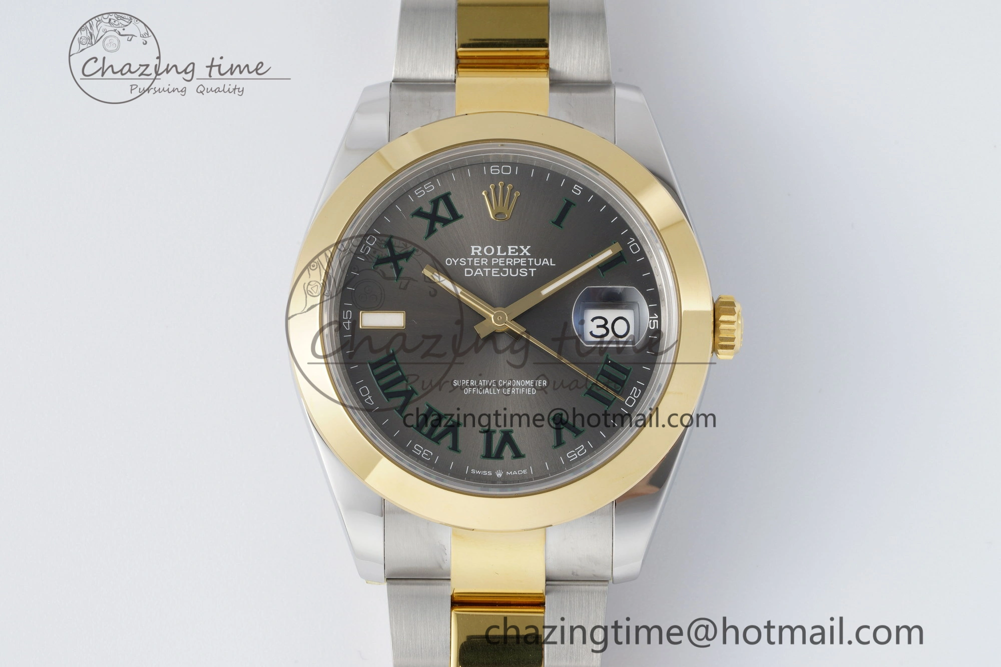 DateJust 41 SS YG Polished Bezel KING 1:1 Best Edition 904L Steel Gray Dial Green Roman on Oyster Bracelet VR3235