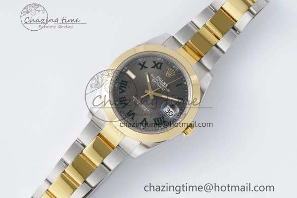 DateJust 41 SS YG Polished Bezel KING 1:1 Best Edition 904L Steel Gray Dial Green Roman on Oyster Bracelet VR3235