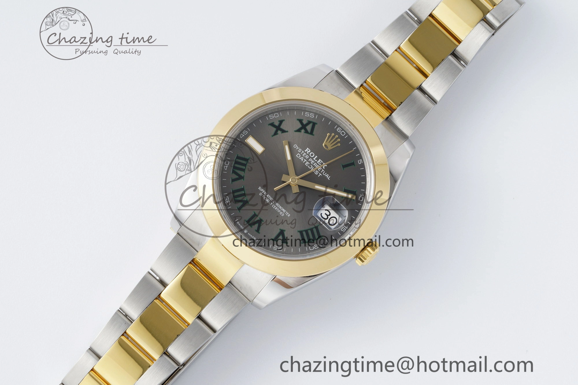 DateJust 41 SS YG Polished Bezel KING 1:1 Best Edition 904L Steel Gray Dial Green Roman on Oyster Bracelet VR3235