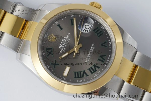 DateJust 41 SS YG Polished Bezel KING 1:1 Best Edition 904L Steel Gray Dial Green Roman on Oyster Bracelet VR3235