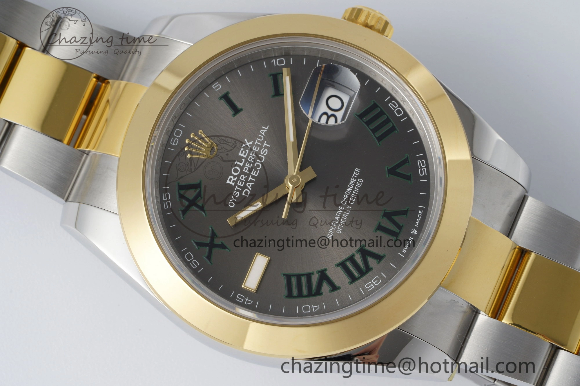 DateJust 41 SS YG Polished Bezel KING 1:1 Best Edition 904L Steel Gray Dial Green Roman on Oyster Bracelet VR3235