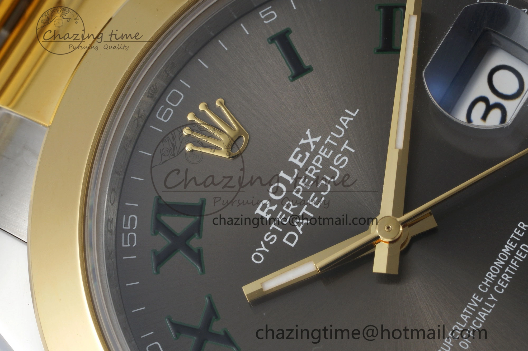 DateJust 41 SS YG Polished Bezel KING 1:1 Best Edition 904L Steel Gray Dial Green Roman on Oyster Bracelet VR3235