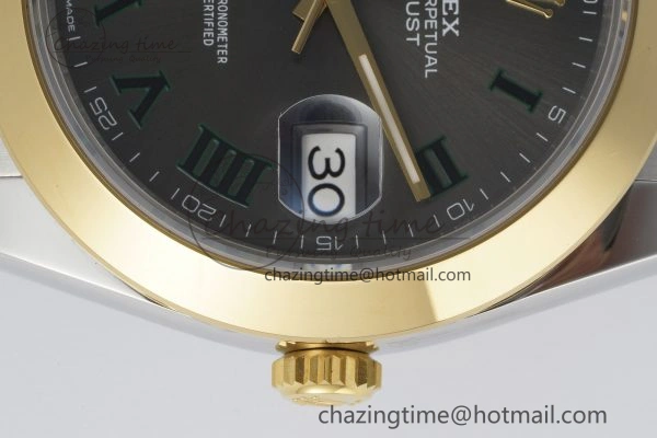 DateJust 41 SS YG Polished Bezel KING 1:1 Best Edition 904L Steel Gray Dial Green Roman on Oyster Bracelet VR3235