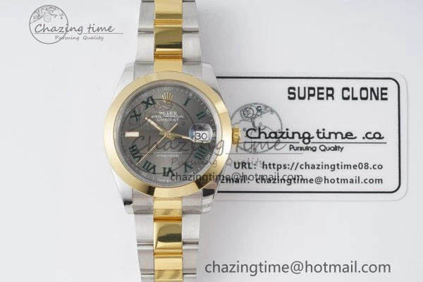 DateJust 41 SS YG Polished Bezel KING 1:1 Best Edition 904L Steel Gray Dial Green Roman on Oyster Bracelet VR3235