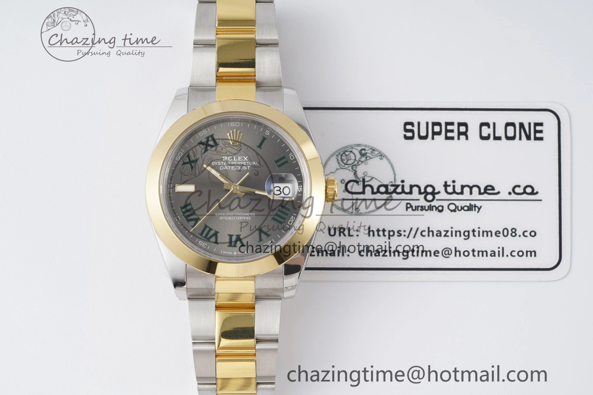 DateJust 41 SS YG Polished Bezel KING 1:1 Best Edition 904L Steel Gray Dial Green Roman on Oyster Bracelet VR3235