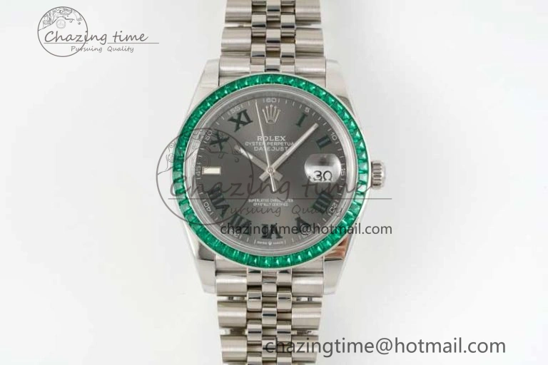 DateJust 41mm DIWF 1:1 Best Edition 904L Steel Green Diamonds Bezel Gray Dial Arabic Marker on Jubilee Bracelet SA3235