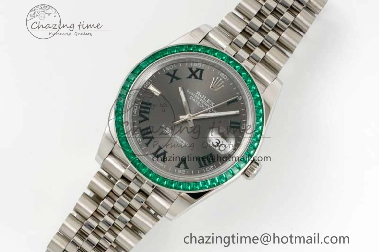 DateJust 41mm DIWF 1:1 Best Edition 904L Steel Green Diamonds Bezel Gray Dial Arabic Marker on Jubilee Bracelet SA3235