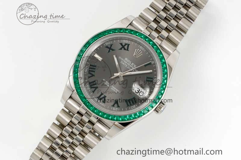DateJust 41mm DIWF 1:1 Best Edition 904L Steel Green Diamonds Bezel Gray Dial Arabic Marker on Jubilee Bracelet SA3235