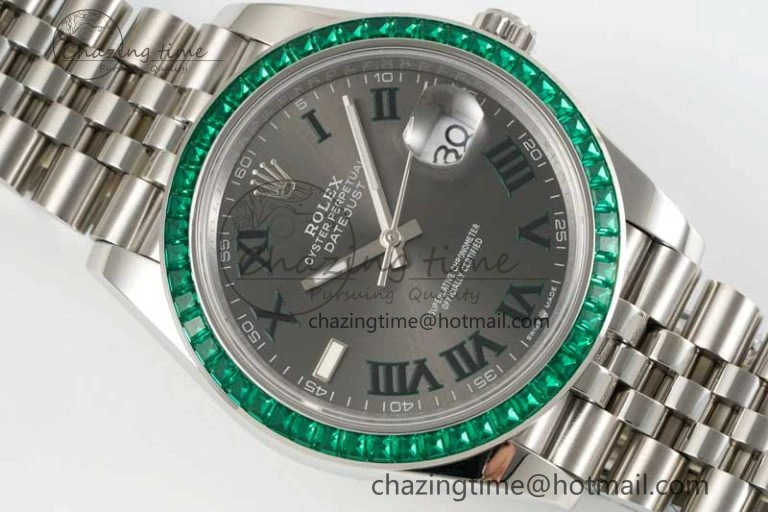 DateJust 41mm DIWF 1:1 Best Edition 904L Steel Green Diamonds Bezel Gray Dial Arabic Marker on Jubilee Bracelet SA3235