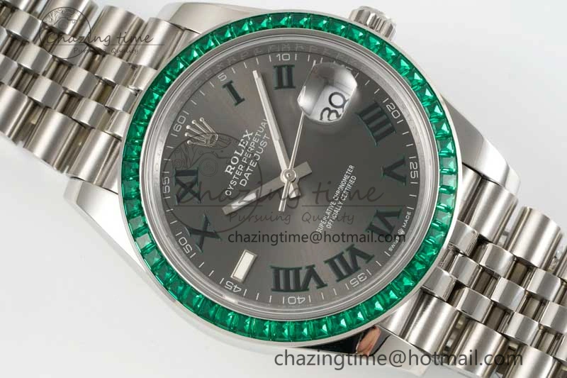 DateJust 41mm DIWF 1:1 Best Edition 904L Steel Green Diamonds Bezel Gray Dial Arabic Marker on Jubilee Bracelet SA3235