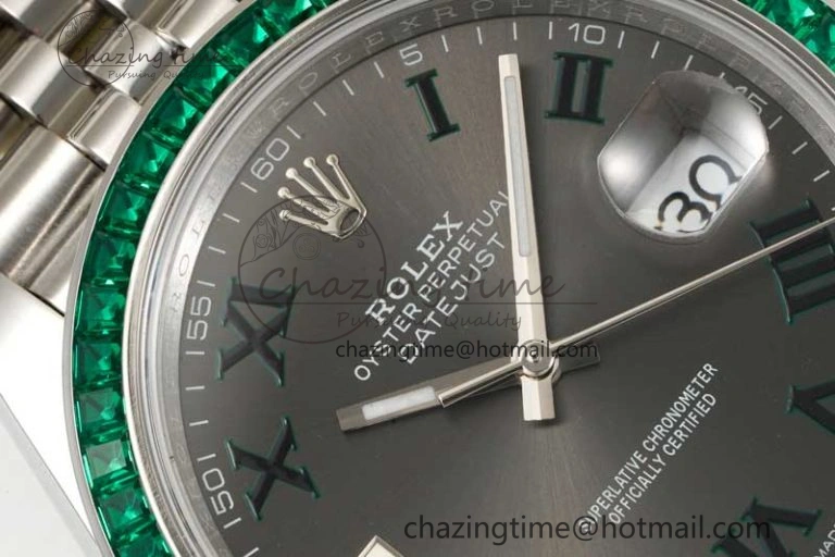 DateJust 41mm DIWF 1:1 Best Edition 904L Steel Green Diamonds Bezel Gray Dial Arabic Marker on Jubilee Bracelet SA3235