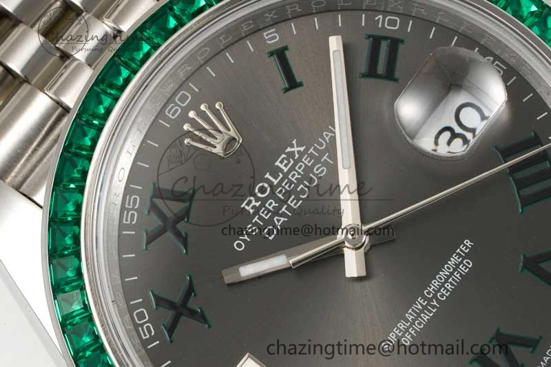DateJust 41mm DIWF 1:1 Best Edition 904L Steel Green Diamonds Bezel Gray Dial Arabic Marker on Jubilee Bracelet SA3235