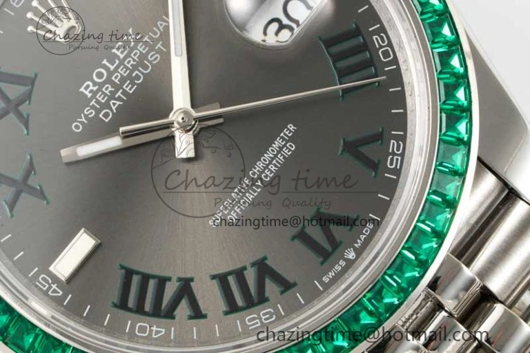 DateJust 41mm DIWF 1:1 Best Edition 904L Steel Green Diamonds Bezel Gray Dial Arabic Marker on Jubilee Bracelet SA3235