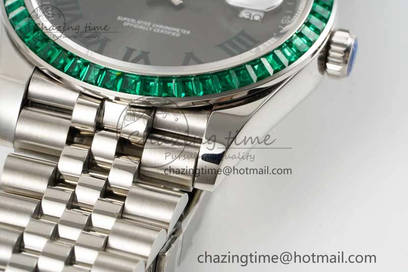 DateJust 41mm DIWF 1:1 Best Edition 904L Steel Green Diamonds Bezel Gray Dial Arabic Marker on Jubilee Bracelet SA3235