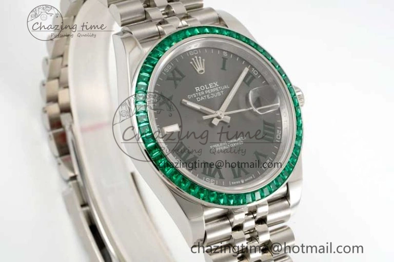 DateJust 41mm DIWF 1:1 Best Edition 904L Steel Green Diamonds Bezel Gray Dial Arabic Marker on Jubilee Bracelet SA3235