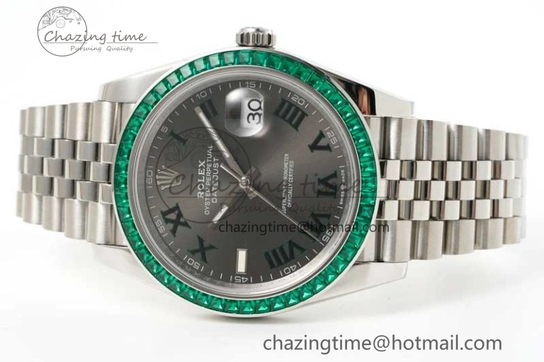 DateJust 41mm DIWF 1:1 Best Edition 904L Steel Green Diamonds Bezel Gray Dial Arabic Marker on Jubilee Bracelet SA3235