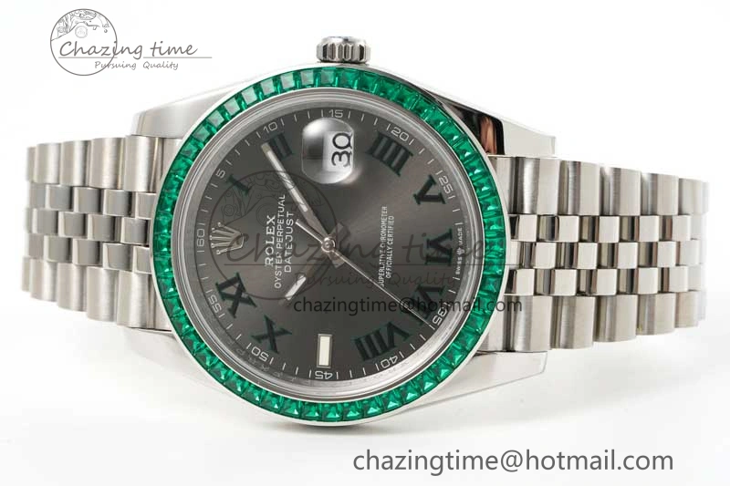 DateJust 41mm DIWF 1:1 Best Edition 904L Steel Green Diamonds Bezel Gray Dial Arabic Marker on Jubilee Bracelet SA3235