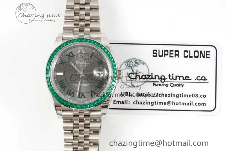 DateJust 41mm DIWF 1:1 Best Edition 904L Steel Green Diamonds Bezel Gray Dial Arabic Marker on Jubilee Bracelet SA3235