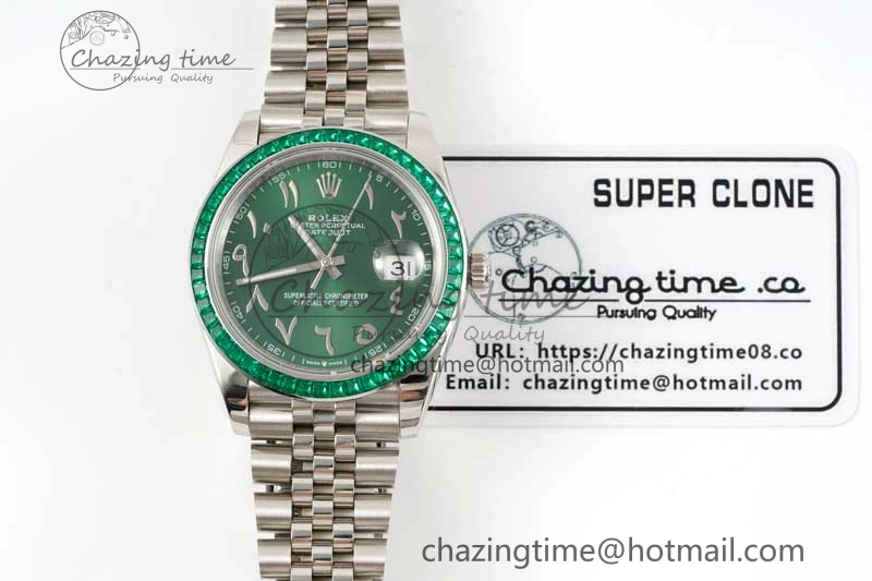 DateJust 41mm DIWF 1:1 Best Edition 904L Steel Green Diamonds Bezel Green Dial Arabic Marker on Jubilee Bracelet SA3235
