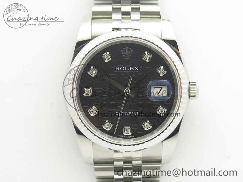 Datejust 116234 36mm DJF 1:1 Best Edition Fluted Bezel Black Com Diam Dial On SS Jubilee Bracelet SA3135 V2