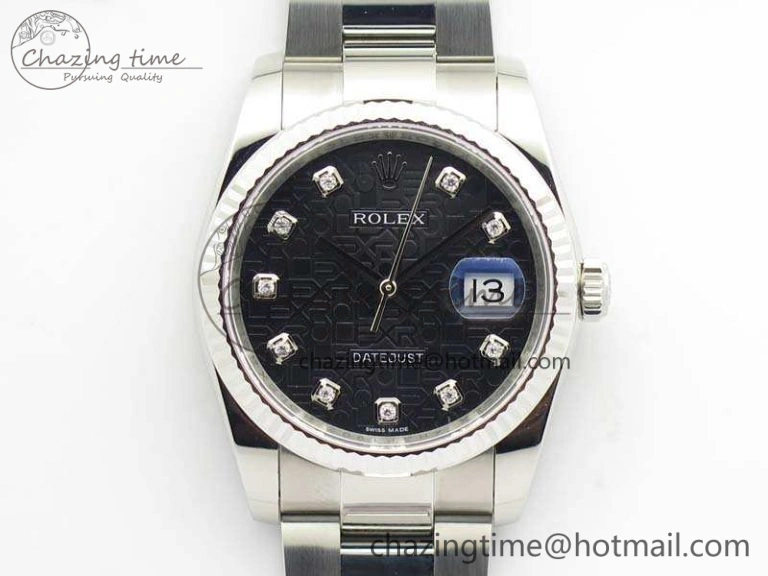 Datejust 116234 36mm DJF 1:1 Best Edition Fluted Bezel Black Com Diam Dial On SS Oyster Bracelet SA3135